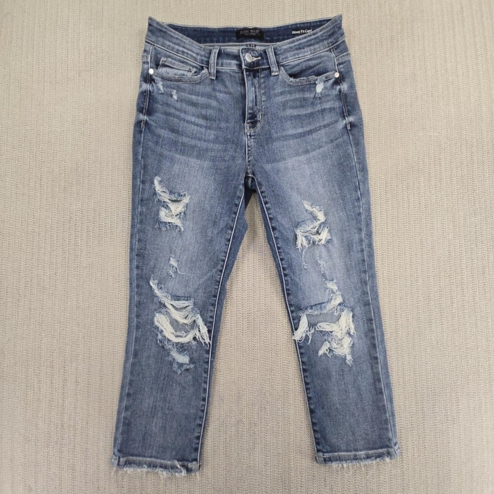 Judy Blue Jeans Juniors 5/27 Blue Skinny Fit Distressed Capri Crop Stretch Denim